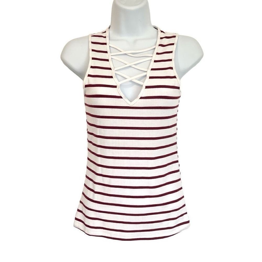 🔥4/$25 Rue 21 Junior’s Striped Tank Top Criss Cross Front White Burgundy Small